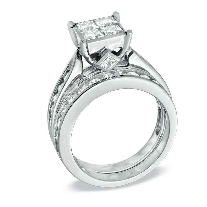 Main Image 2 of Previously Owned - 2 CT. T.W. Princess-Cut Quad Diamond Bridal Set in 14K White Gold