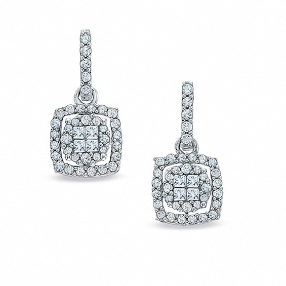 Previously Owned - 1/2 CT. T.w. Quad Princess-Cut Diamond Frame Drop Earrings in 10K White Gold