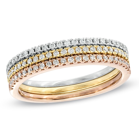 Previously Owned - 1/4 CT. T.w. Diamond Three Piece Band Stackable Set in 10K Tri-Tone Gold