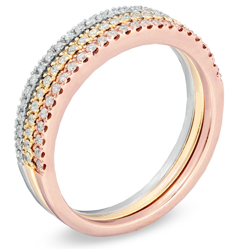 Main Image 2 of Previously Owned - 1/4 CT. T.W. Diamond Three Piece Band Stackable Set in 10K Tri-Tone Gold