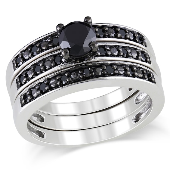 Previously Owned - 1 CT. T.w. Black Diamond Three Piece Bridal Set in Sterling Silver