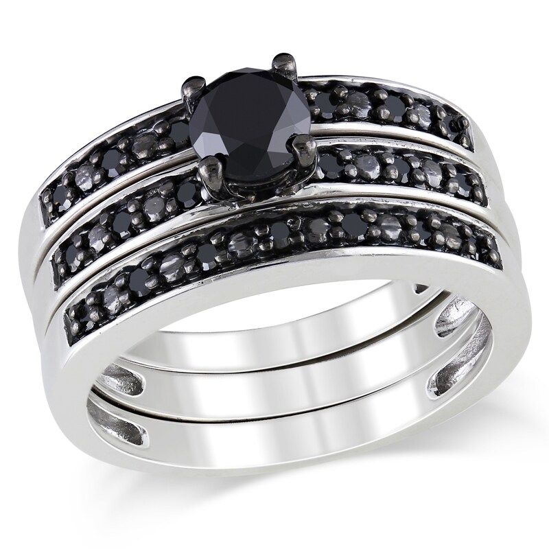 Main Image 1 of Previously Owned - 1 CT. T.W. Black Diamond Three Piece Bridal Set in Sterling Silver