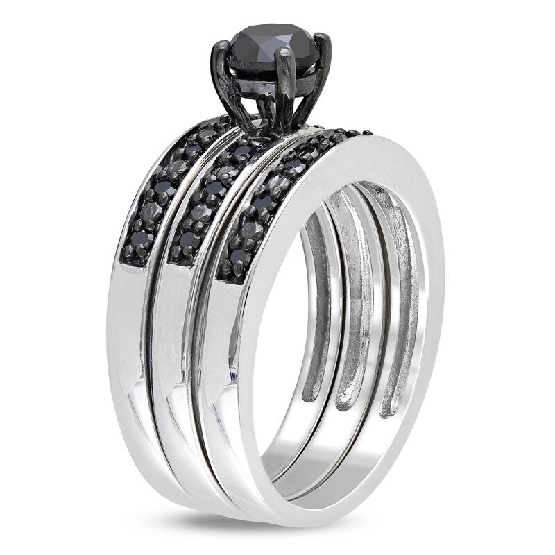 Main Image 2 of Previously Owned - 1 CT. T.W. Black Diamond Three Piece Bridal Set in Sterling Silver