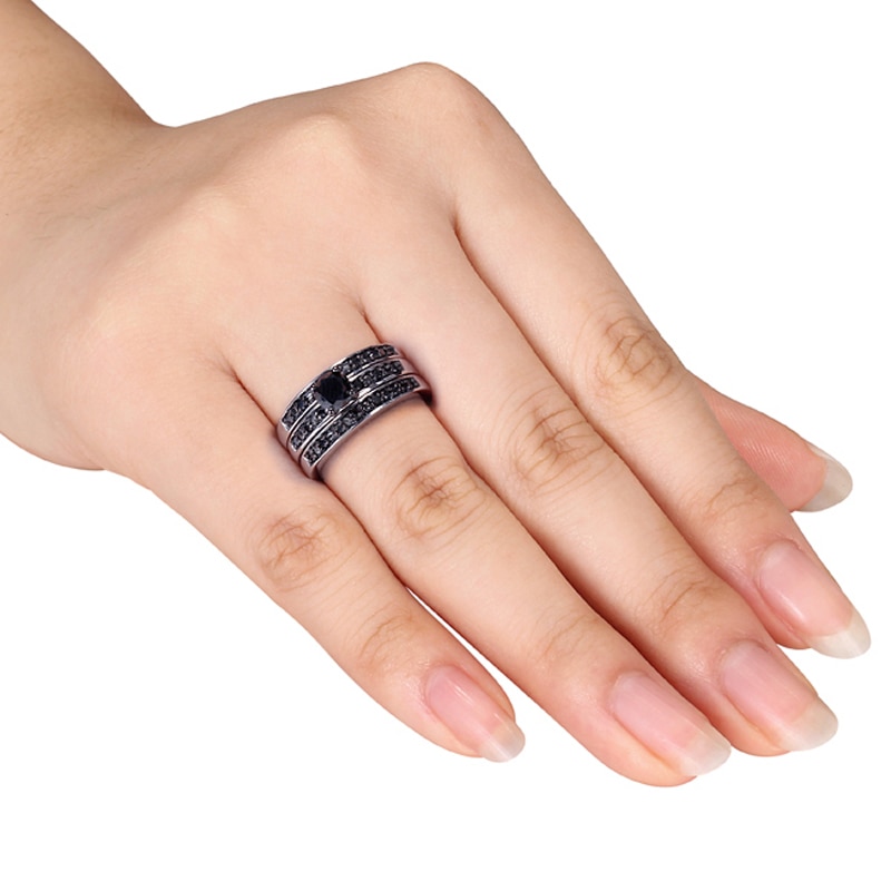 Main Image 3 of Previously Owned - 1 CT. T.W. Black Diamond Three Piece Bridal Set in Sterling Silver