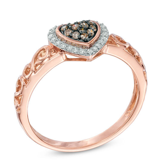 Previously Owned - 1/5 CT. T.w. Champagne and White Diamond Heart Cluster Frame Promise Ring in 10K Rose Gold