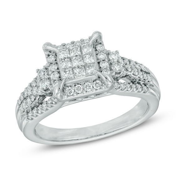 Previously Owned - 3/4 CT. T.w. Princess-Cut Composite Diamond Frame Engagement Ring in 10K White Gold