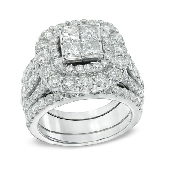 Previously Owned - 5 CT. T.w. Quad Princess-Cut Diamond Double Frame Bridal Set in 14K White Gold