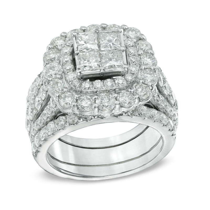 Main Image 1 of Previously Owned - 5 CT. T.W. Quad Princess-Cut Diamond Double Frame Bridal Set in 14K White Gold