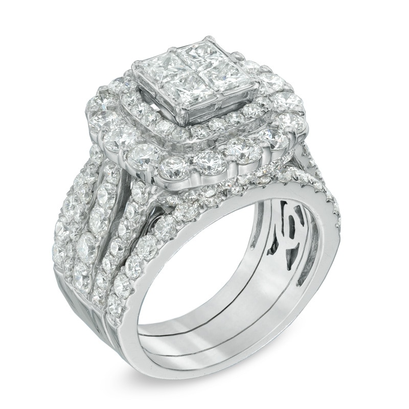Main Image 2 of Previously Owned - 5 CT. T.W. Quad Princess-Cut Diamond Double Frame Bridal Set in 14K White Gold