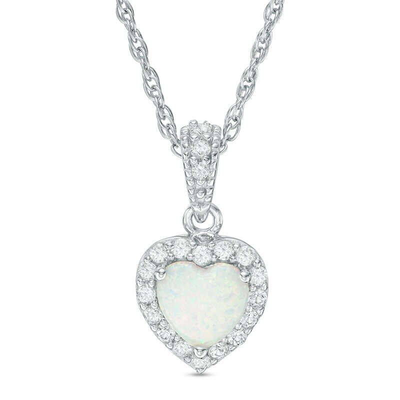 Main Image 1 of Previously Owned - 7.0mm Heart-Shaped Lab-Created Opal and White Sapphire Frame Pendant in Sterling Silver