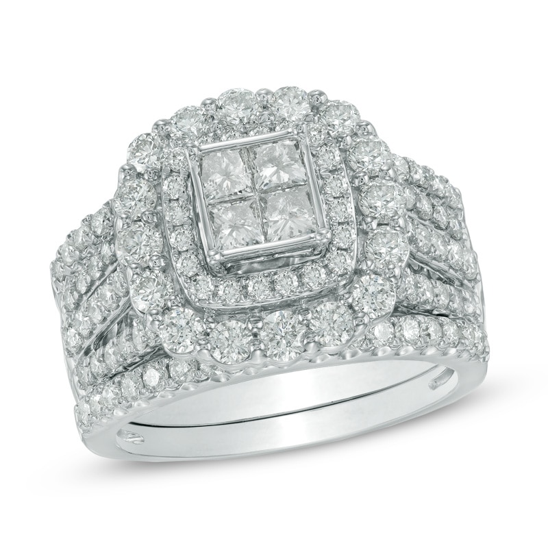 Main Image 1 of Previously Owned 2-1/2 CT. T.W. Quad Princess-Cut Diamond Double Frame Soldered Bridal Set in 14K White Gold