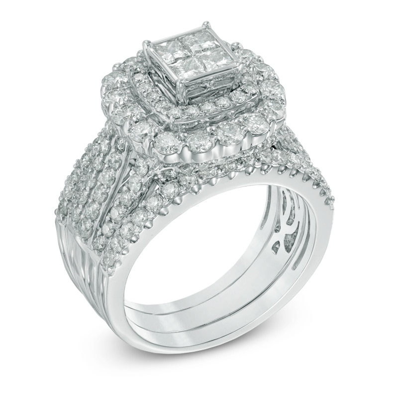 Main Image 2 of Previously Owned 2-1/2 CT. T.W. Quad Princess-Cut Diamond Double Frame Soldered Bridal Set in 14K White Gold