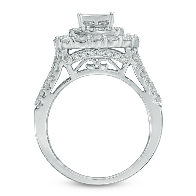 Main Image 3 of Previously Owned 2-1/2 CT. T.W. Quad Princess-Cut Diamond Double Frame Soldered Bridal Set in 14K White Gold