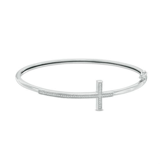 Previously Owned - 1/10 CT. T.w. Diamond Sideways Cross Bangle in Sterling Silver