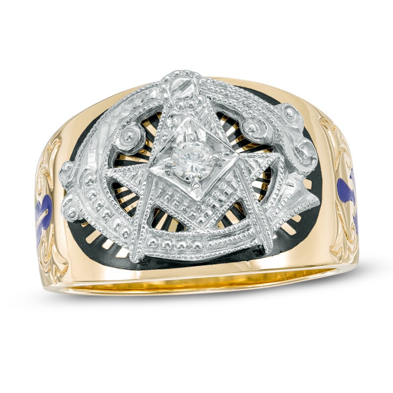 Main Image 1 of Previously Owned - Men's 1/8 CT. Diamond and Enamel Masonic Ring in 10K Two-Tone Gold