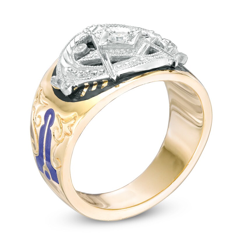 Main Image 2 of Previously Owned - Men's 1/8 CT. Diamond and Enamel Masonic Ring in 10K Two-Tone Gold
