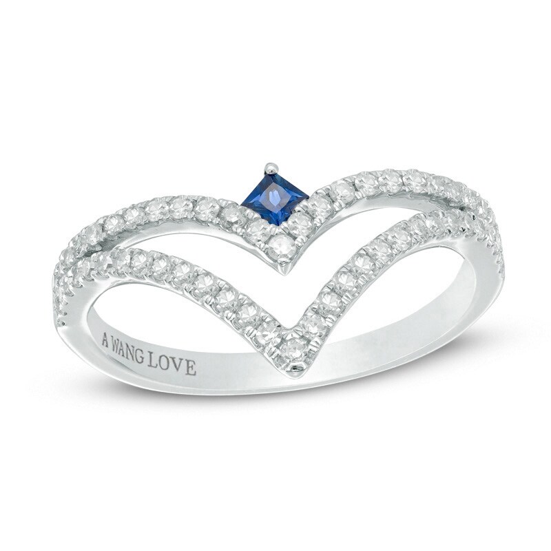 Main Image 1 of Previously Owned - Vera Wang Love Collection 1/3 CT. T.W. Diamond and Blue Sapphire Chevron Ring in 14K White Gold