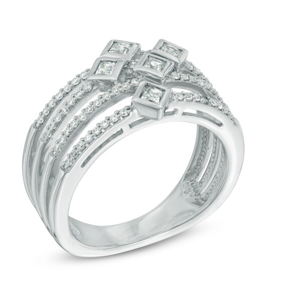 Previously Owned - 3/8 CT. T.w. Princess-Cut and Round Diamond Orbit Ring in 10K White Gold