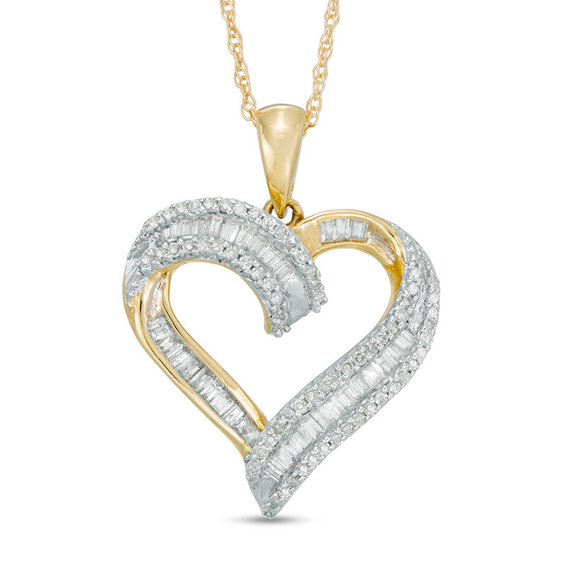 Previously Owned - 1/4 CT. T.W. Baguette and Round Diamond Heart Pendant in 10K Gold