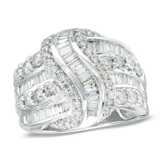 Previously Owned - 2 CT. T.w. Baguette and Round Diamond Knot Ring in 10K White Gold