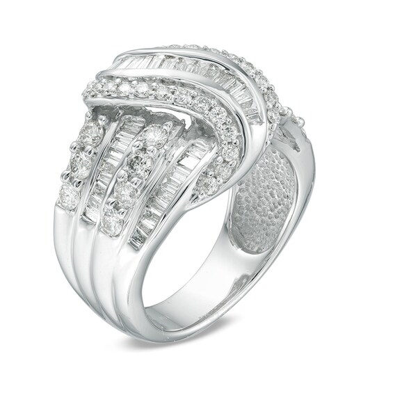 Previously Owned - 2 CT. T.w. Baguette and Round Diamond Knot Ring in 10K White Gold