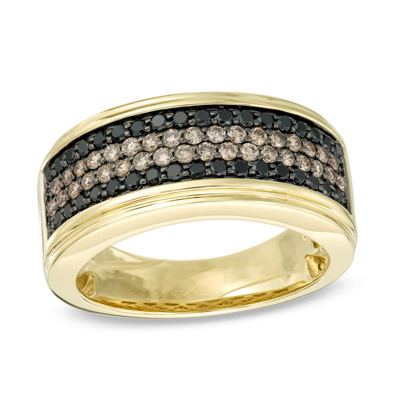 Previously Owned - Men's 1 CT. T.W. Brown and Black Diamond Multi-Row Band in 10K Gold