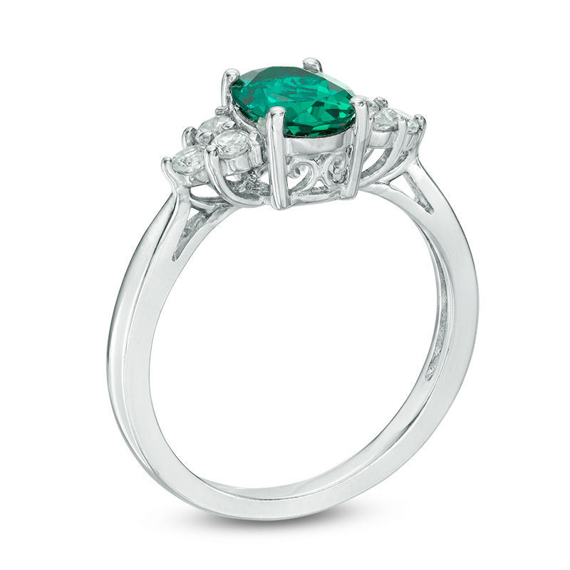 Main Image 2 of Previously Owned - Oval Lab-Created Emerald and White Sapphire Pendant and Ring Set in Sterling Silver