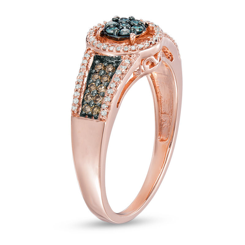 Previously Owned - 1/3 CT. T.W. Enhanced Blue, Champagne and White Composite Diamond Frame Ring in 10K Rose Gold
