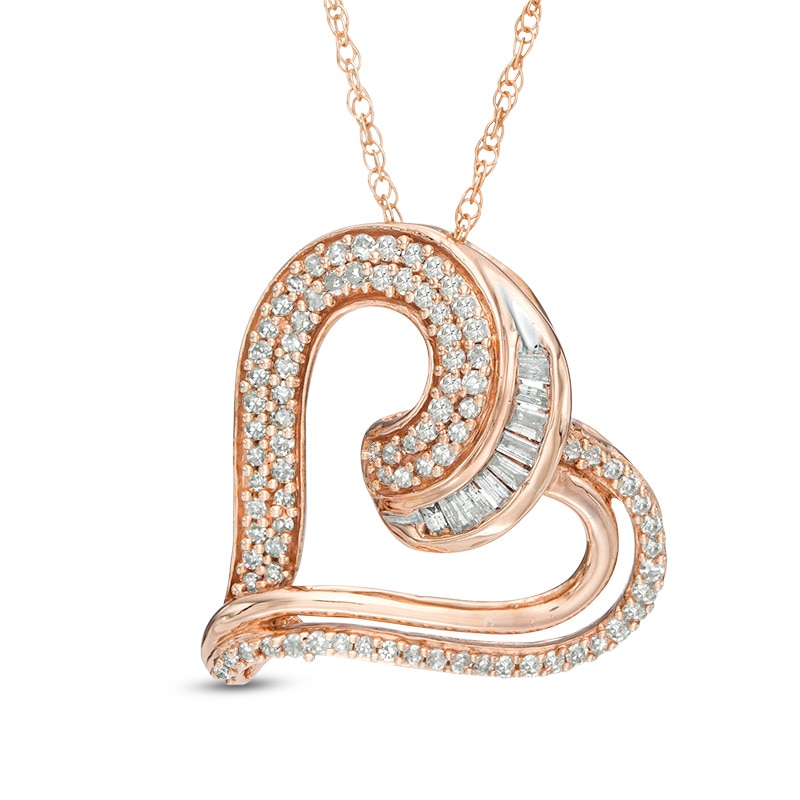 Previously Owned - 1/4 CT. T.W. Baguette and Round Diamond Tilted Heart Pendant in 10K Rose Gold
