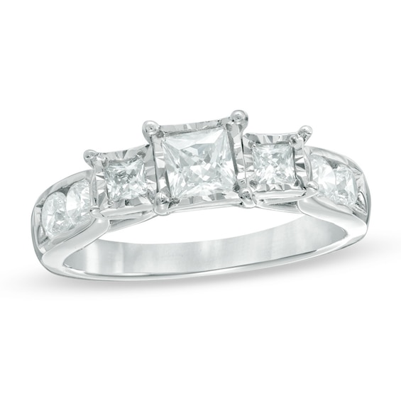 Previously Owned - 1 CT. T.w. Princess-Cut Diamond Past Present Future® Engagement Ring in 10K White Gold