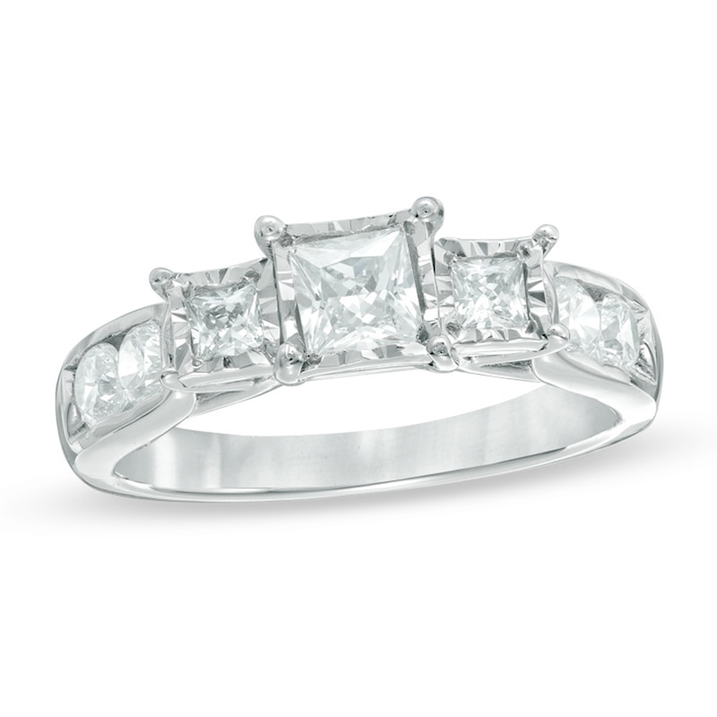 Previously Owned - 1 CT. T.W. Princess-Cut Diamond Past Present Future® Engagement Ring in 10K White Gold