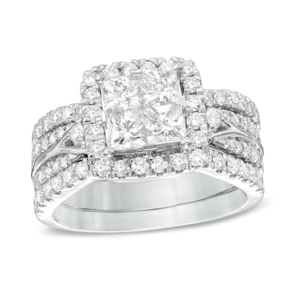 Previously Owned - 2 CT. T.w. Princess-Cut Quad Diamond Frame Three Piece Bridal Set in 14K White Gold