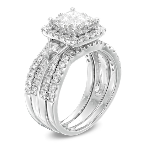 Previously Owned - 2 CT. T.w. Princess-Cut Quad Diamond Frame Three Piece Bridal Set in 14K White Gold