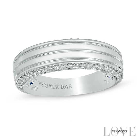 Previously Owned - Vera Wang Men's 1/2 CT. T.w. Diamond Edge Grooved Wedding Band in 14K White Gold