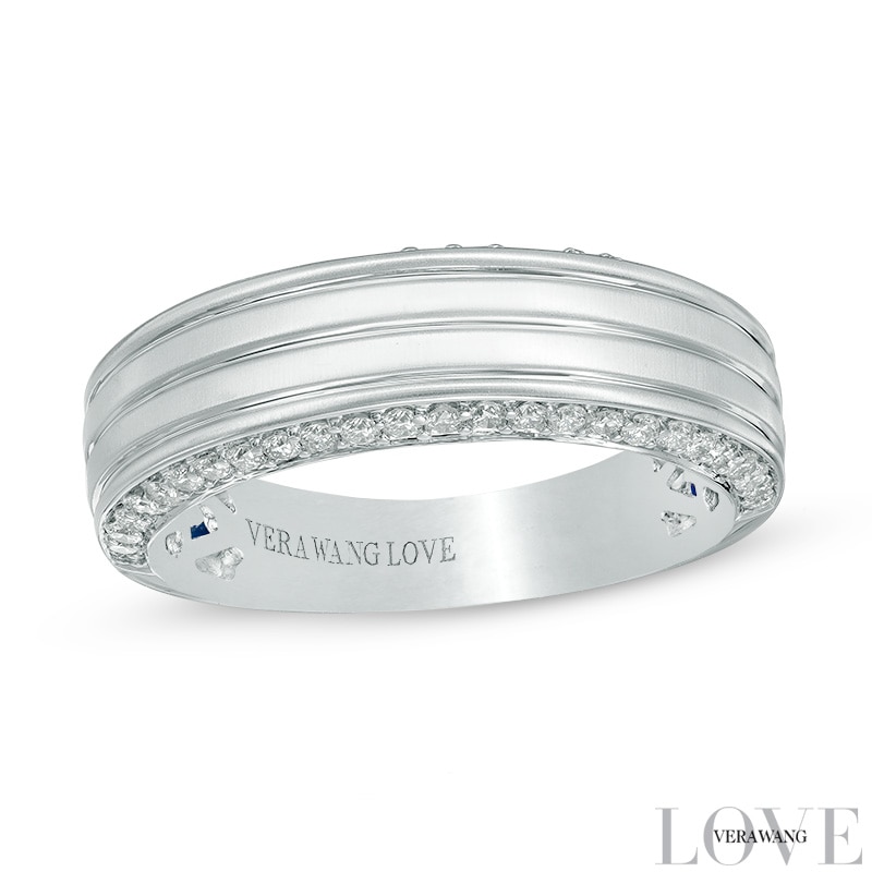 Main Image 1 of Previously Owned - Vera Wang Men's 1/2 CT. T.W. Diamond Edge Grooved Wedding Band in 14K White Gold