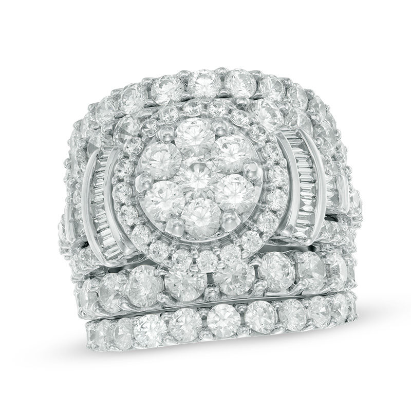 Main Image 1 of Previously Owned - 6 CT. T.W. Composite Diamond Frame Collared Three Piece Bridal Set in 14K White Gold