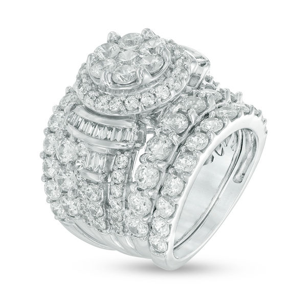 Previously Owned - 6 CT. T.w. Composite Diamond Frame Collared Three Piece Bridal Set in 14K White Gold