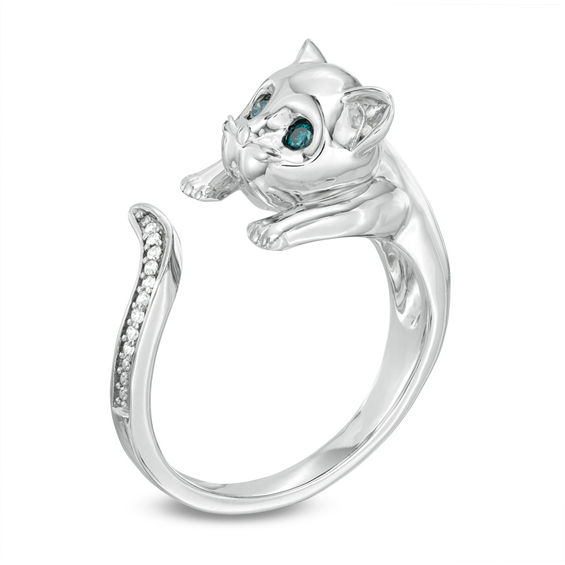 Previously Owned - Enhanced Blue and White Diamond Accent Cat Open Ring in Sterling Silver