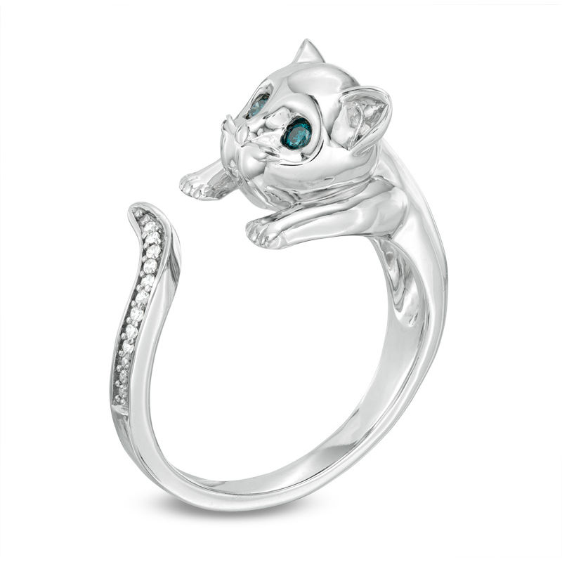 Previously Owned - Enhanced Blue and White Diamond Accent Cat Open Ring in Sterling Silver