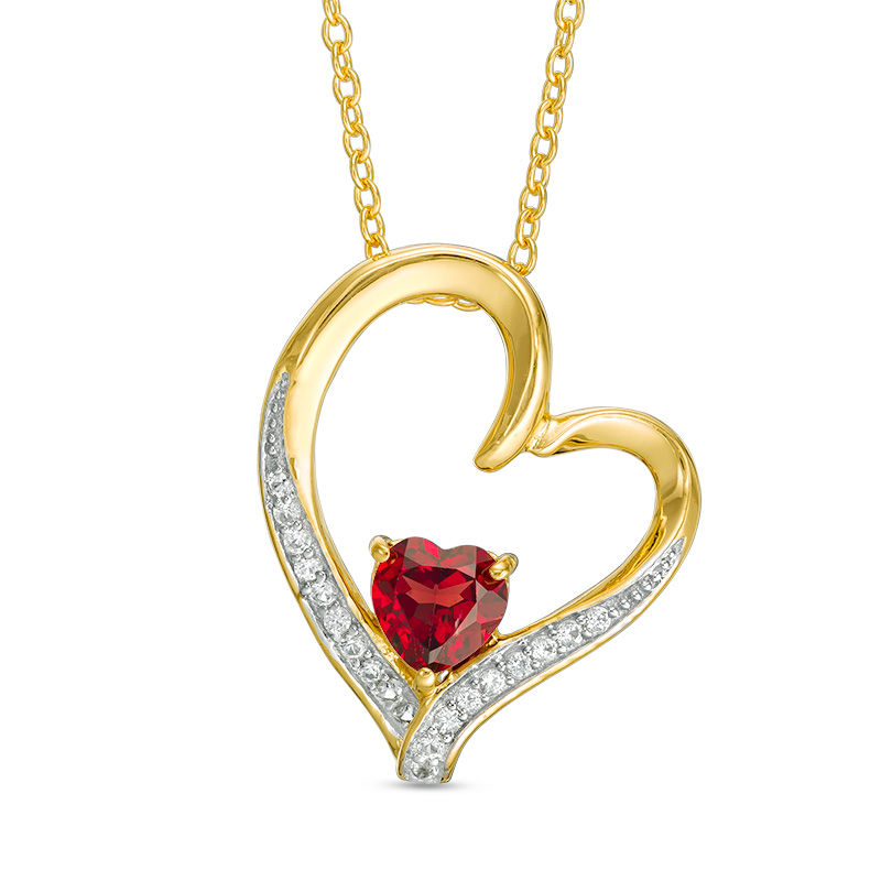 Main Image 1 of Previously Owned - Garnet and Lab-Created White Sapphire Tilted Heart Pendant in Sterling Silver with 18K Gold Plate