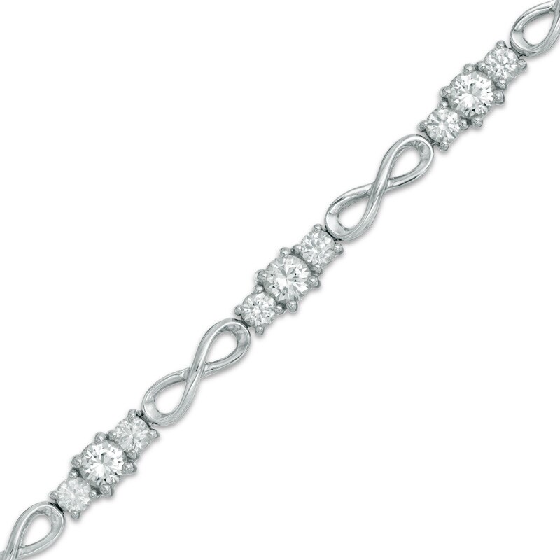 Main Image 1 of Previously Owned - Lab-Created White Sapphire Infinity Link Three Stone Bracelet in Sterling Silver - 7.25&quot;