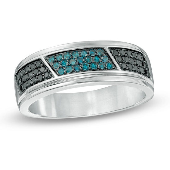 Previously Owned - 1/2 CT. T.w. Enhanced Black and Blue Diamond Slant Panel Band in Sterling Silver