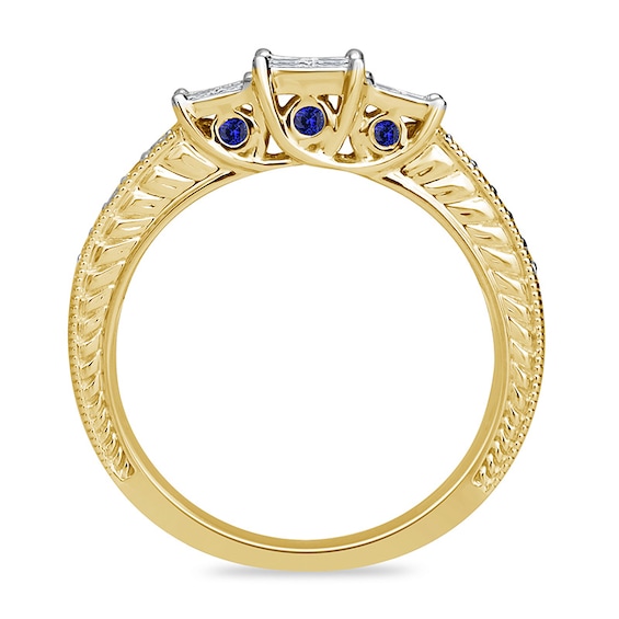 Previously Owned - 1/2 CT. T.w. Enhanced Blue and White Quad Princess-Cut Diamond Three Stone Ring in 10K Gold