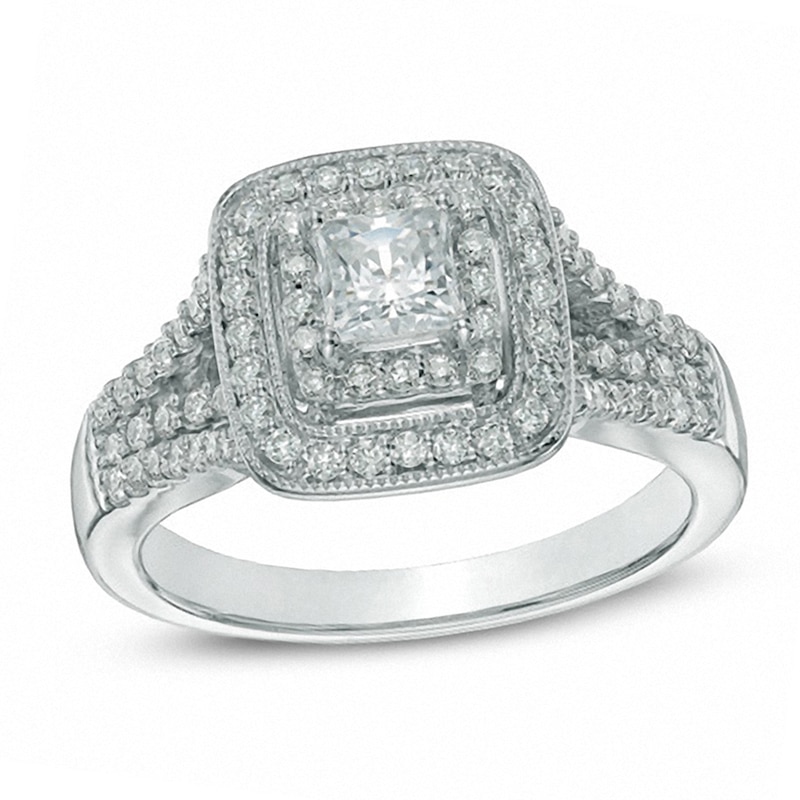 Main Image 1 of Previously Owned - 1-1/5 CT. T.W. Princess-Cut Diamond Double Frame Bridal Set in 14K White Gold