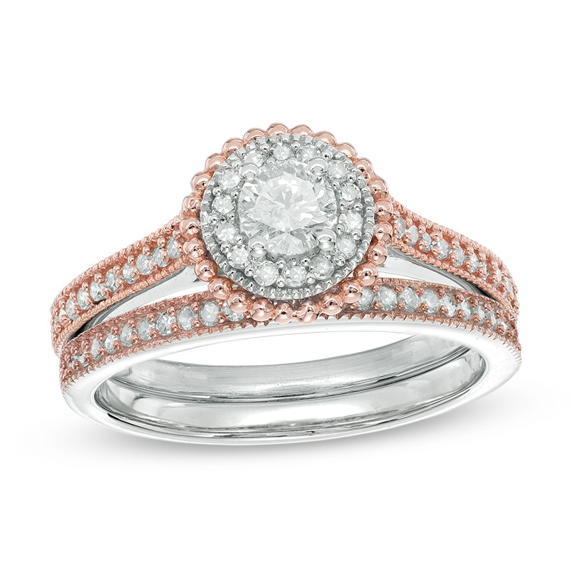 Main Image 1 of Previously Owned - 5/8 CT. T.W. Diamond Frame Vintage-Style Bridal Set in 10K Two-Tone Gold