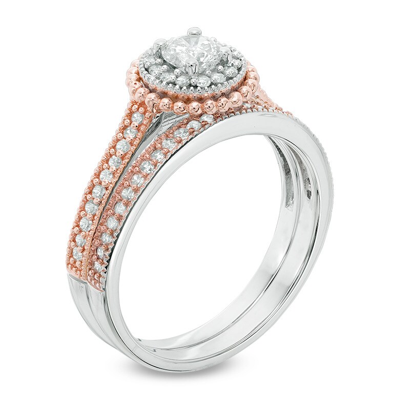 Main Image 2 of Previously Owned - 5/8 CT. T.W. Diamond Frame Vintage-Style Bridal Set in 10K Two-Tone Gold
