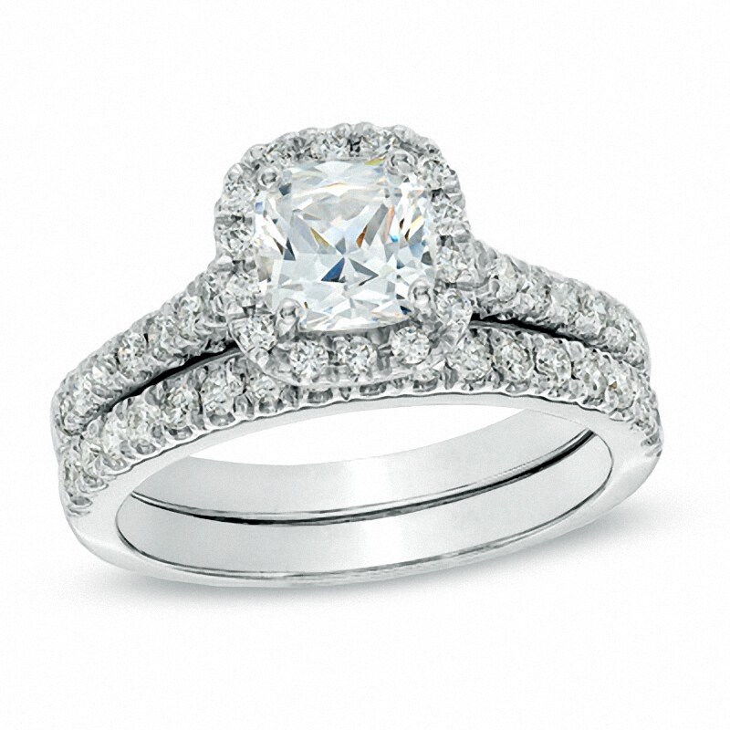 Main Image 1 of Previously Owned - 1-3/8 CT. T.W. Cushion-Cut Diamond Frame Bridal Set in Platinum (H/SI2)