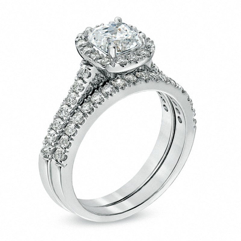 Main Image 2 of Previously Owned - 1-3/8 CT. T.W. Cushion-Cut Diamond Frame Bridal Set in Platinum (H/SI2)