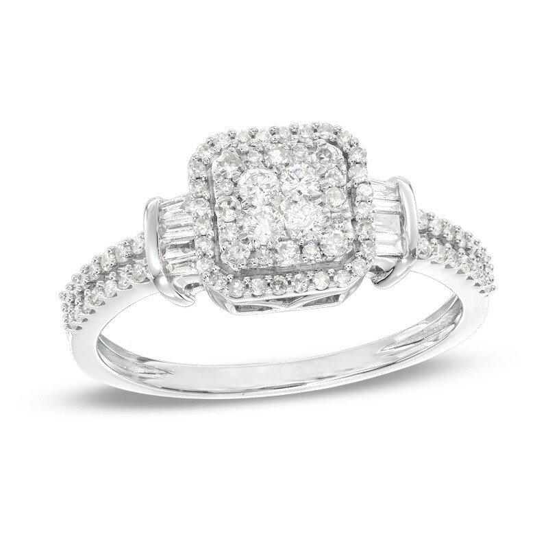 Main Image 1 of Previously Owned - 1/2 CT. T.W. Composite Diamond Square Frame Collared Ring in 10K White Gold