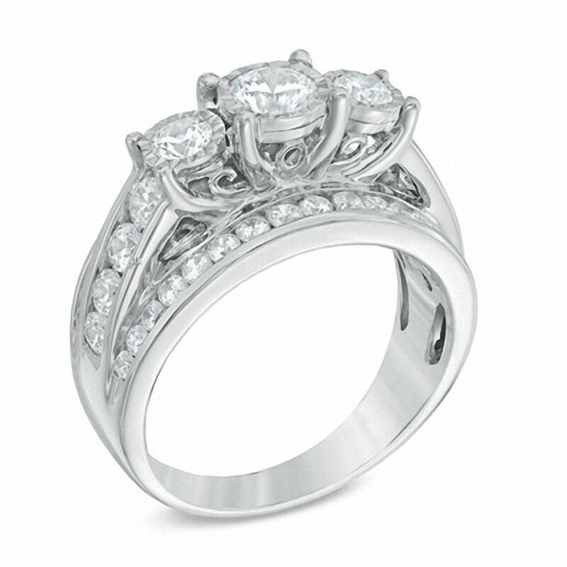 Main Image 2 of Previously Owned - 2 CT. T.W. Diamond Past Present Future® Channel Triple Row Ring in 14K White Gold